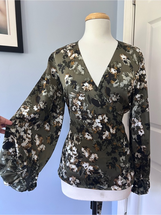 INC International Concepts Tops - INC International Concepts Olive Floral Faux-Wrap Blouse with Balloon Sleeves